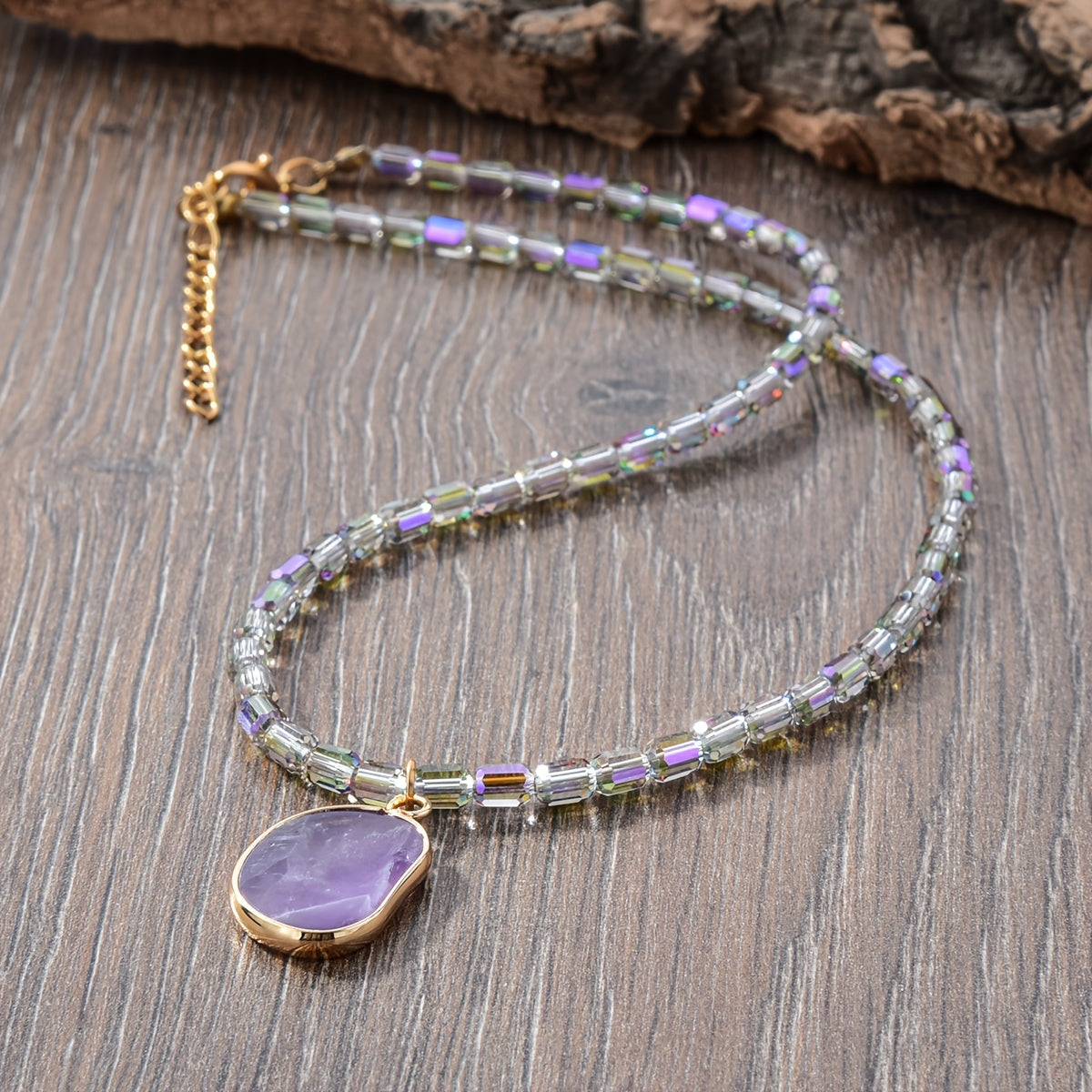 Beaded Necklace with Amethyst Pendant for Women Jewelry Gift