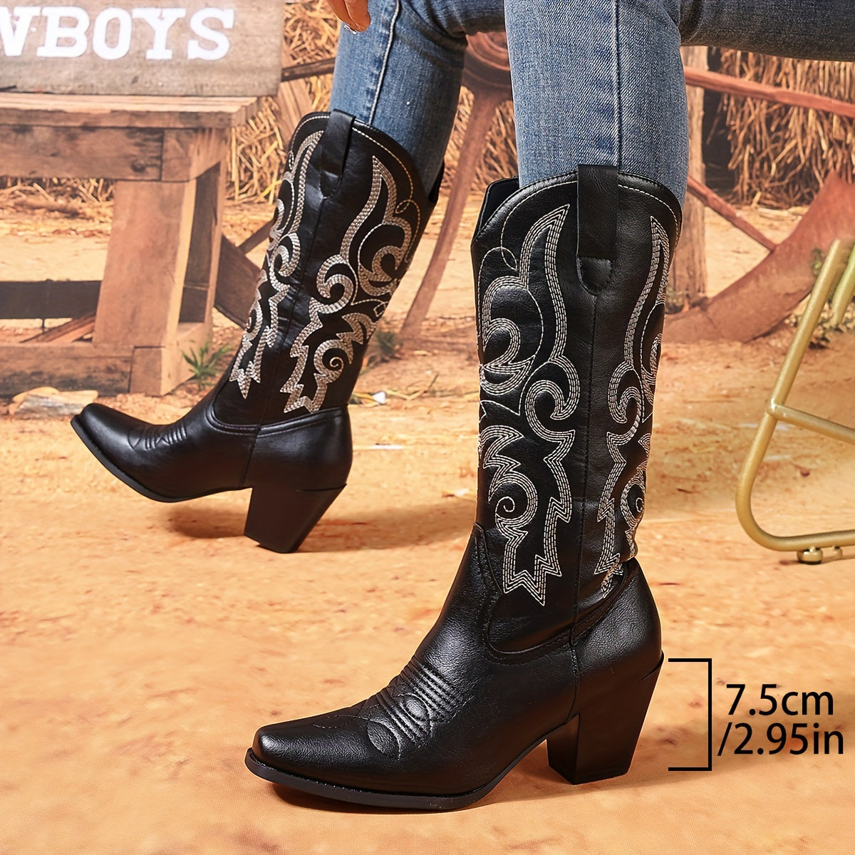 Women's Chunky Heel Mid Calf Boots Leather Point Toe Slip-On Comfortable