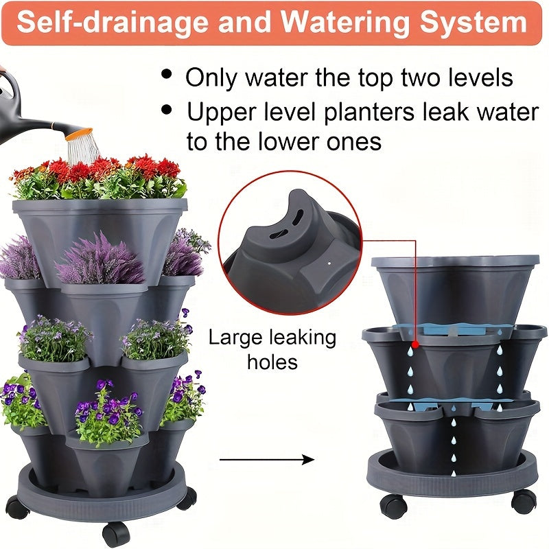 4-Tier Vertical Planter Set with Rolling Plant Caddy Indoor Outdoor Garden Tower