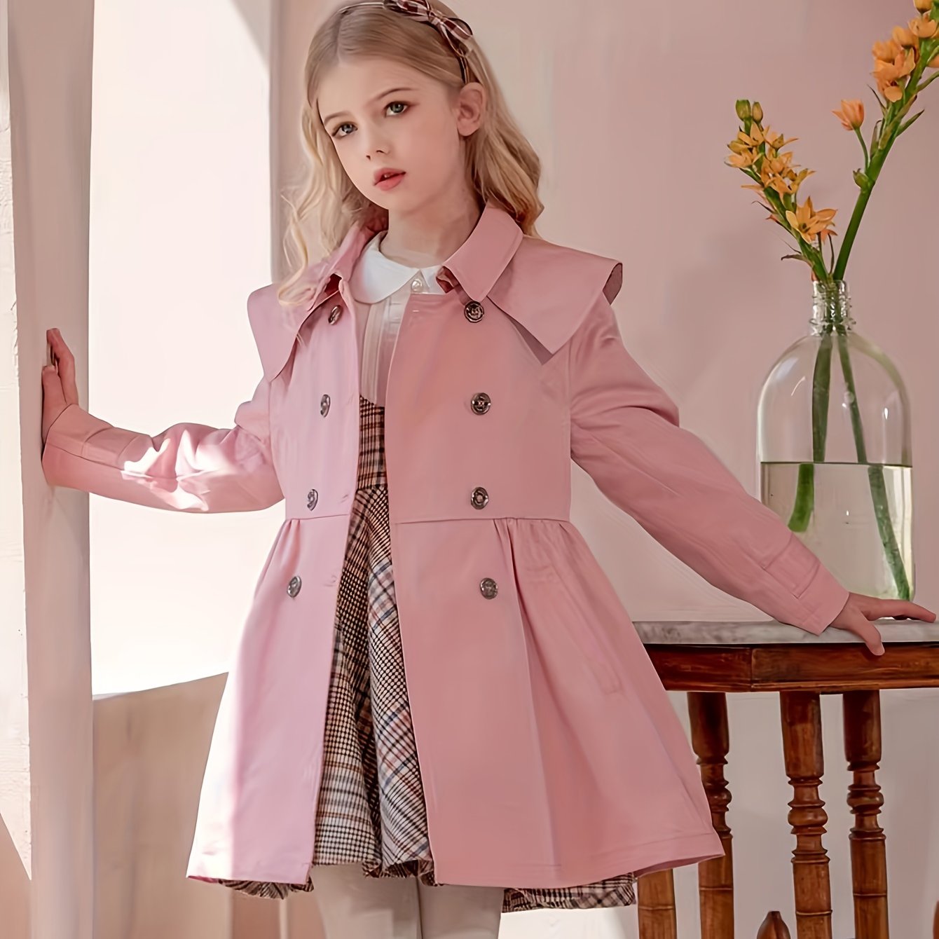 Girls Trench Coat Autumn Winter Princess Style Woven Polyester Tailored Waist