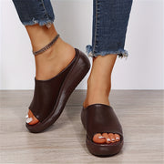 Women's Brown Pointed Toe Slide Sandals with Thick Heel for Summer