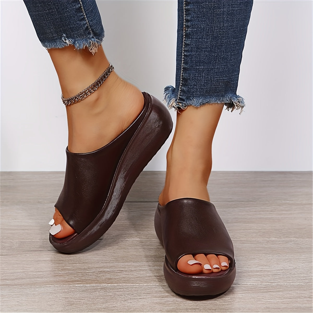 Women's Brown Pointed Toe Slide Sandals with Thick Heel for Summer