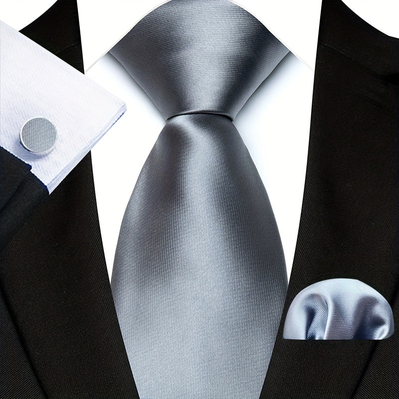 Men's Set of 3 Plain Color Ties with Square Handkerchief and Cufflinks for Gifting