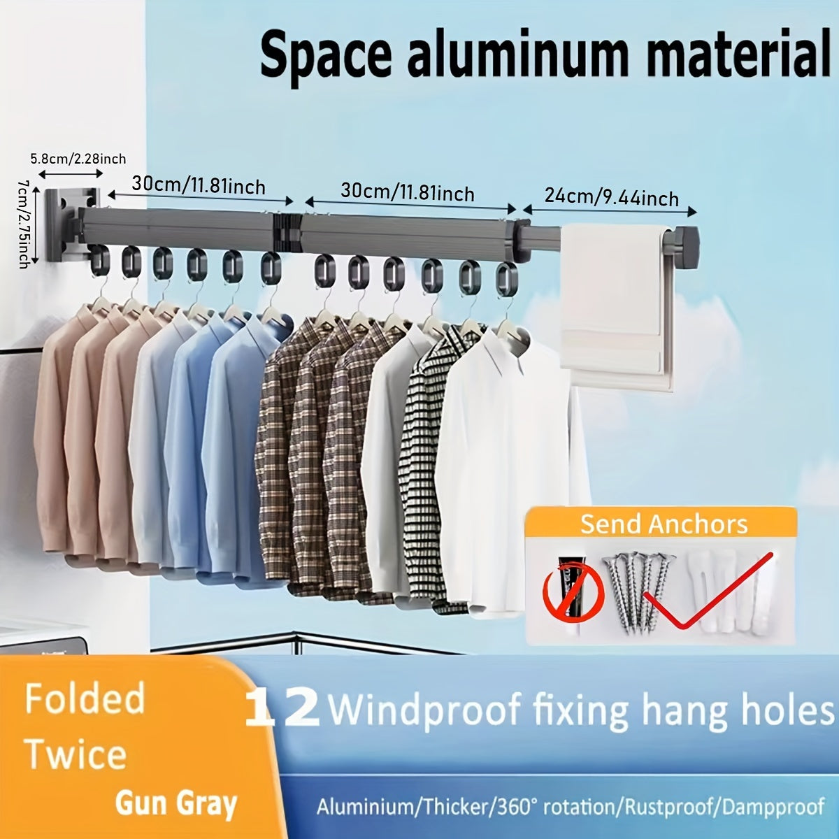 Wall-Mounted Folding Clothes Rack with Telescopic Drying Rod Space-Saving Clothes Dryer with Hooks