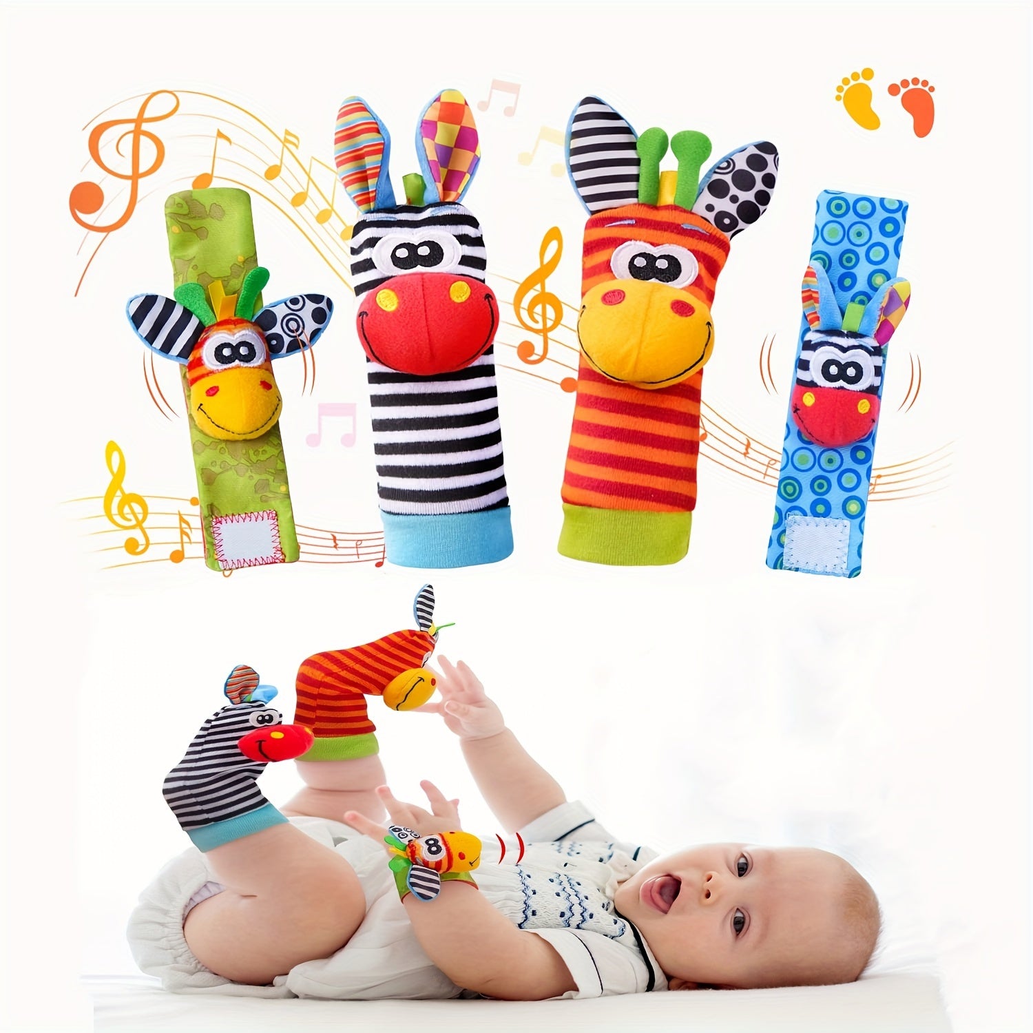 4-Piece Baby Wrist Rattles and Foot Finders Set for Newborns Infants Toddlers