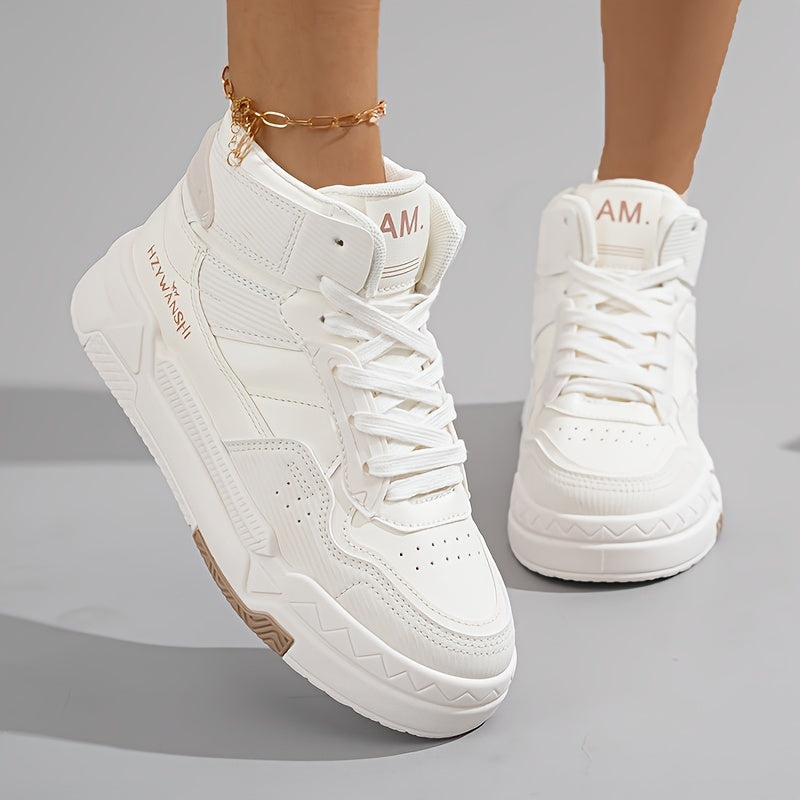 Women's White High-Top Sneakers, Fashionable Skateboarding Shoes