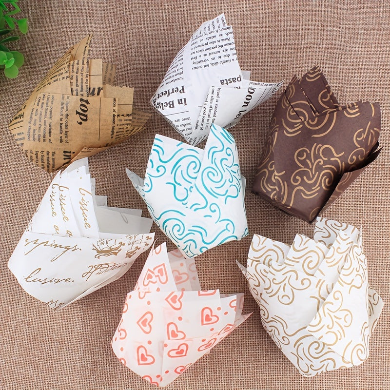 Set of 50 Disposable Tulip Muffin Cups with Cloud Stripes Newspaper Pattern, Greaseproof Paper Liners