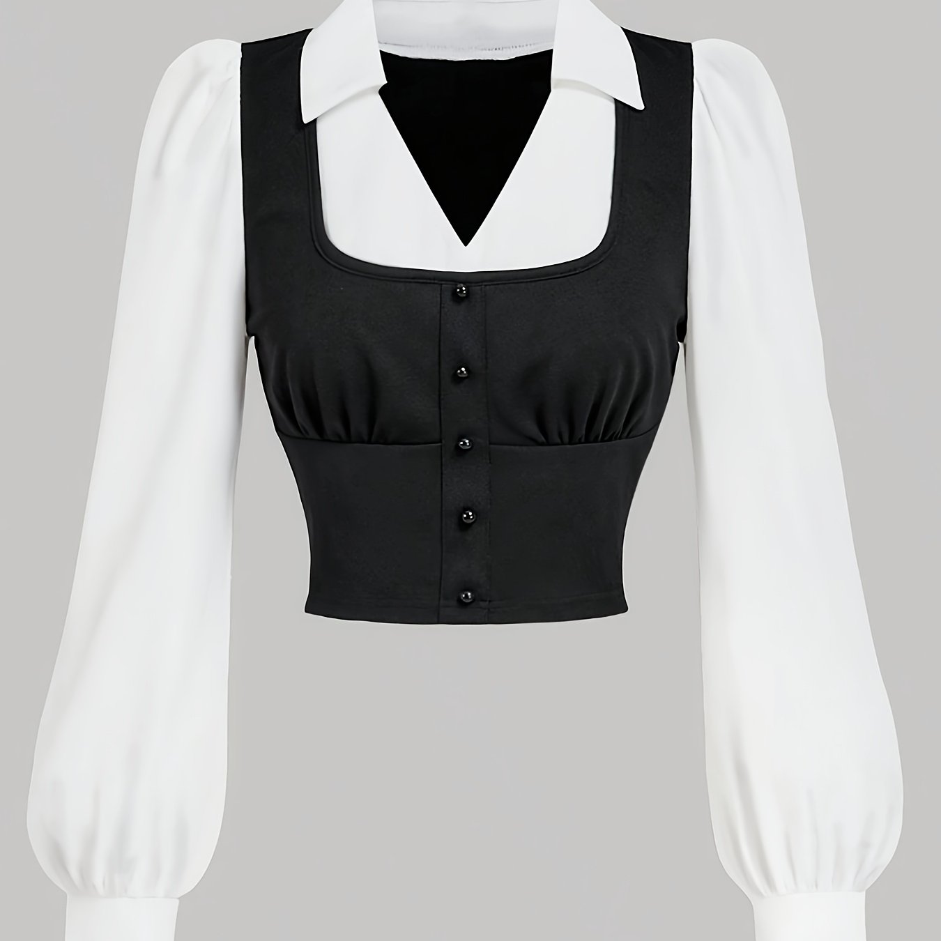 Women's Black and White Patchwork Blouse with Collar and Long Sleeves