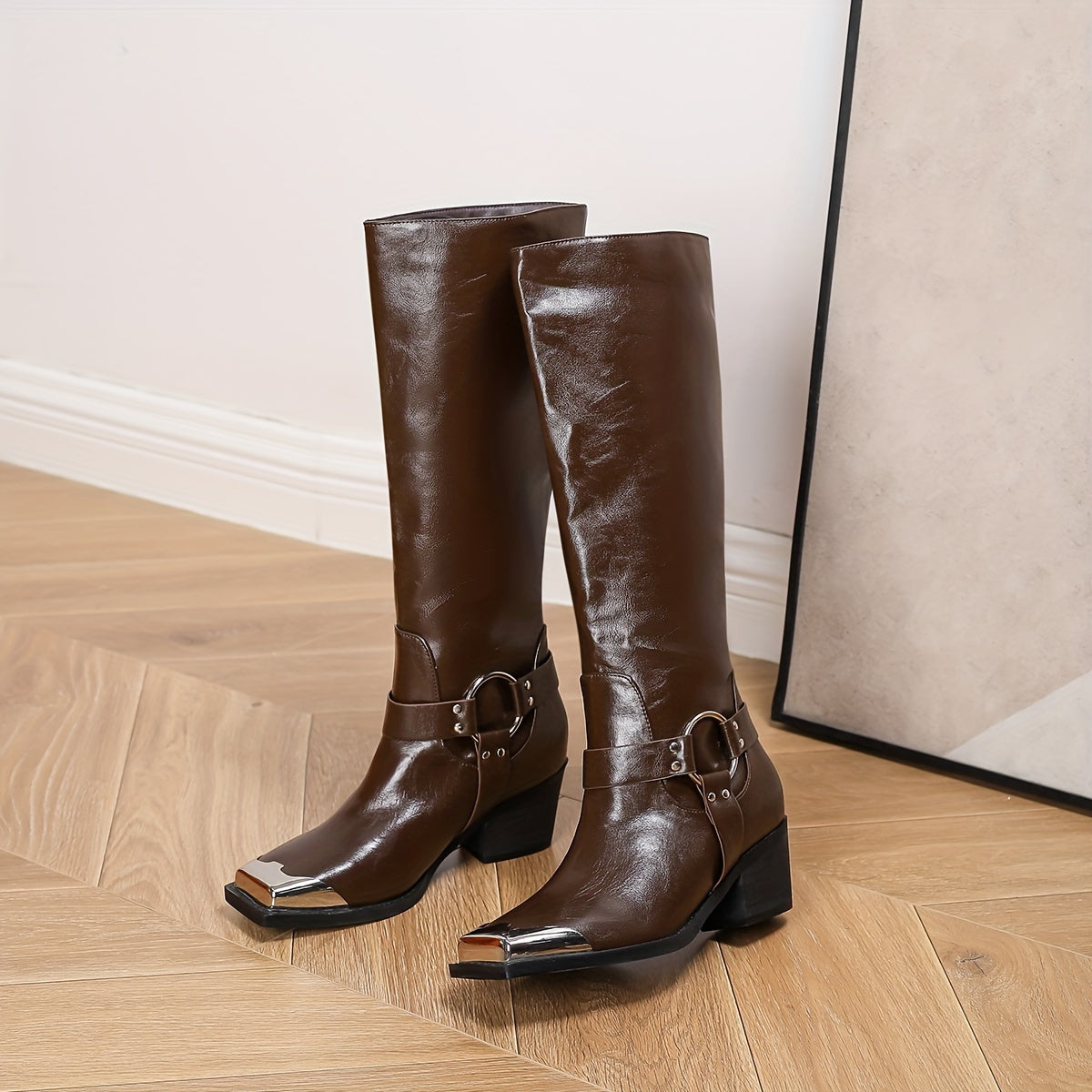 Women's Knee-High Leather Western Cowboy Boots with Buckles and Chunky Heels
