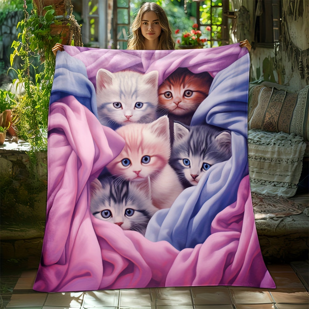 Blue and Pink Flannel Kitten Blanket Soft Warm Lightweight for Sofa Bed Travel