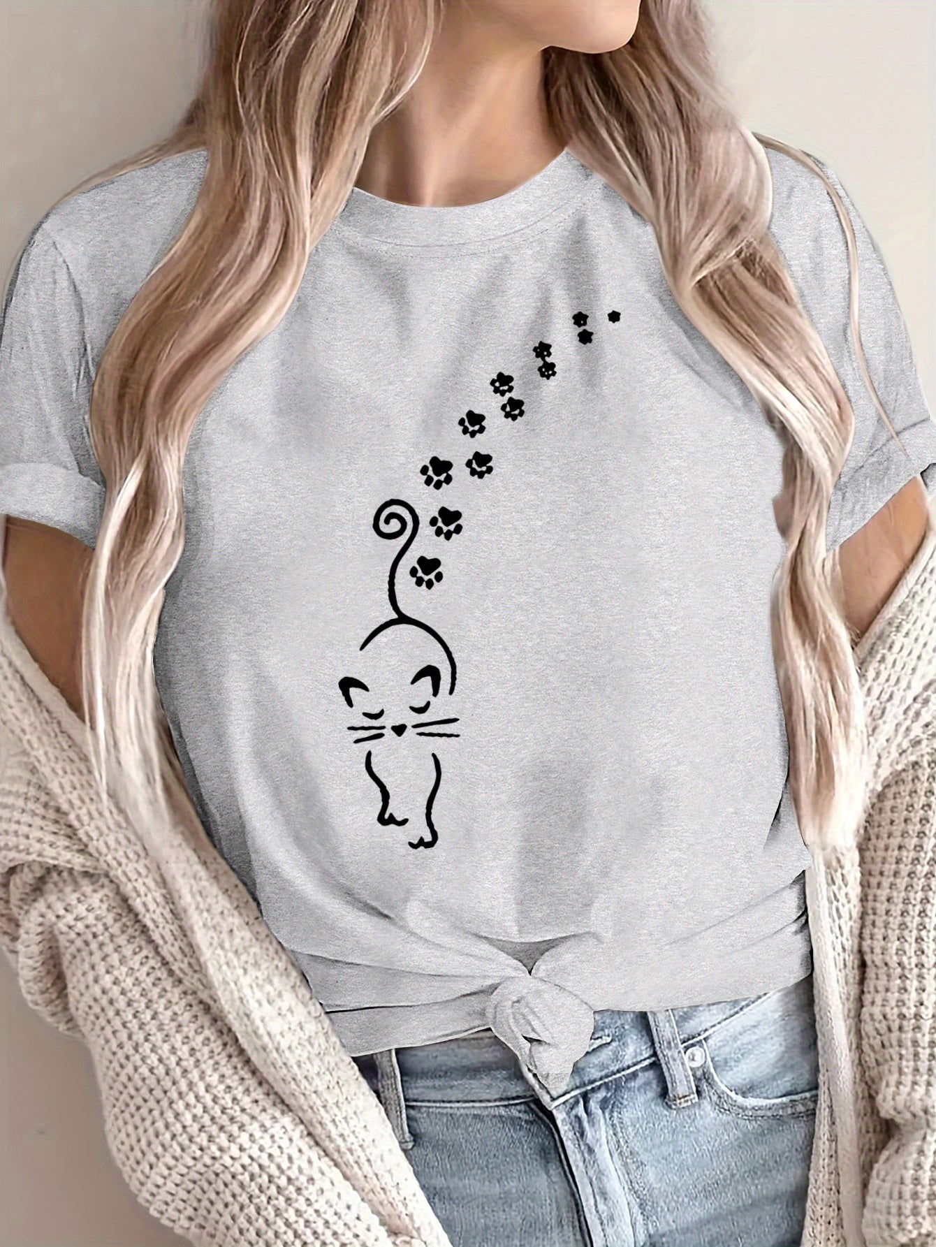 Women's Plus Size Loose Fit Cat Print T-Shirt Breathable Polyester Casual Top