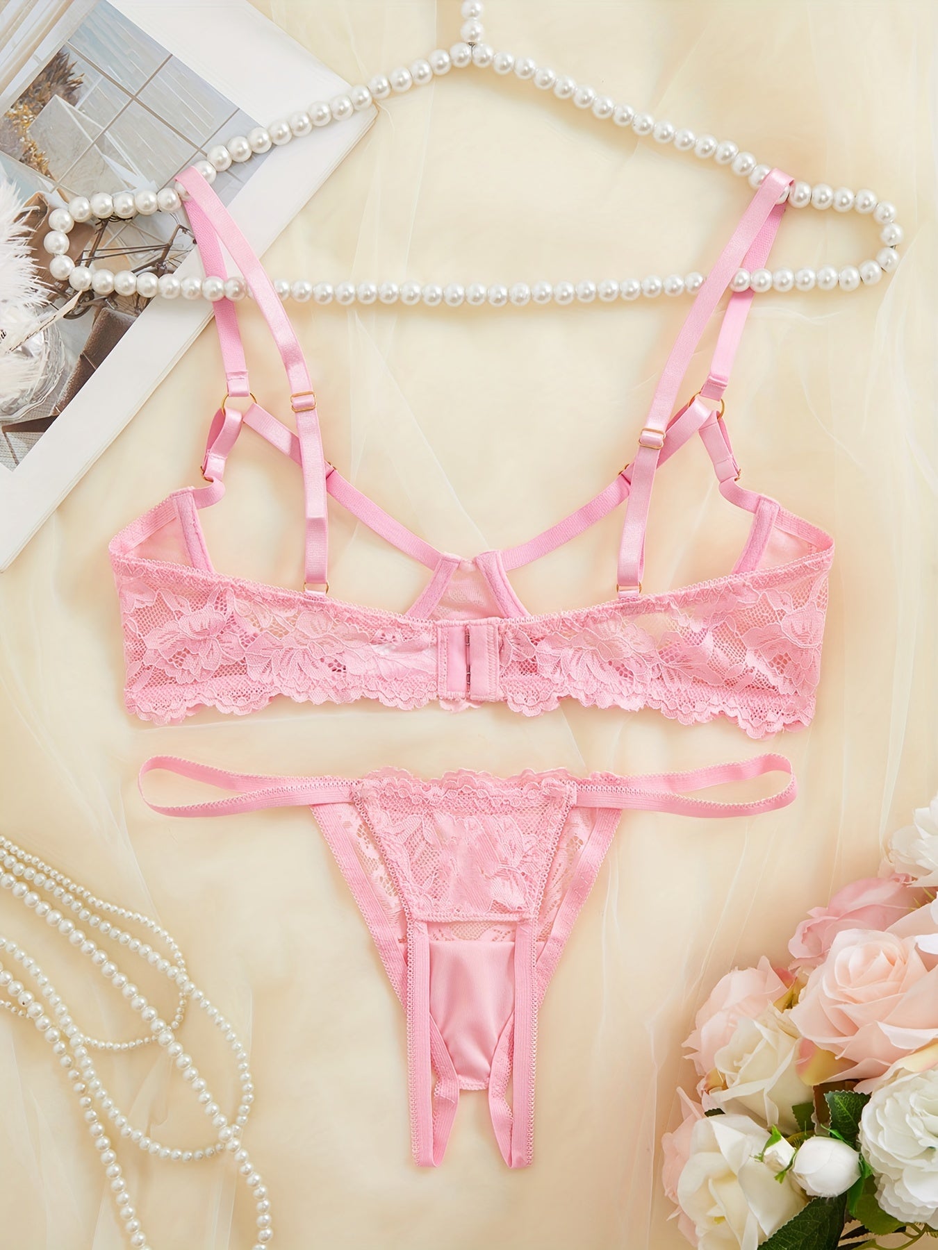 Women's Floral Lace Lingerie Set with Open Cup Bra and Crotchless Thong