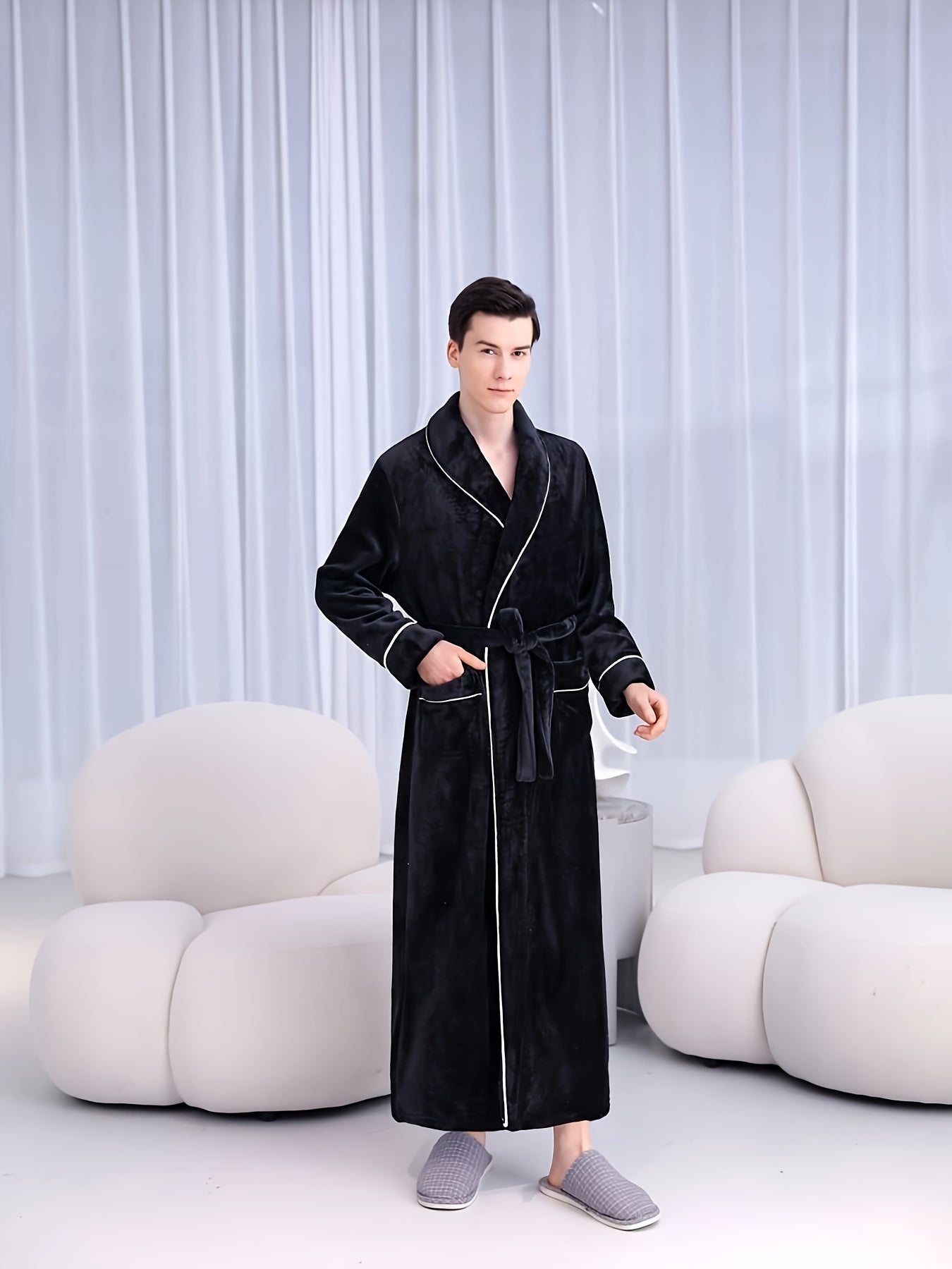  bata de franela para hombres y mujeres, otoño e invierno, manga larga, con bolsillos, cinturón, casual