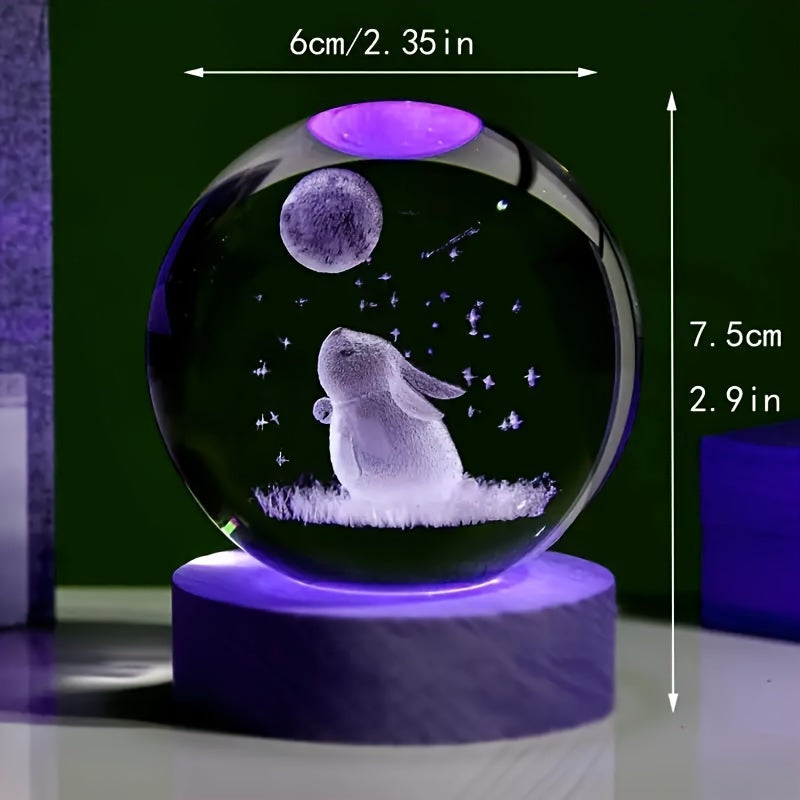 3D Carved Rabbit Moon Crystal Ball Ornament with Colorful Base for Home Office Decor