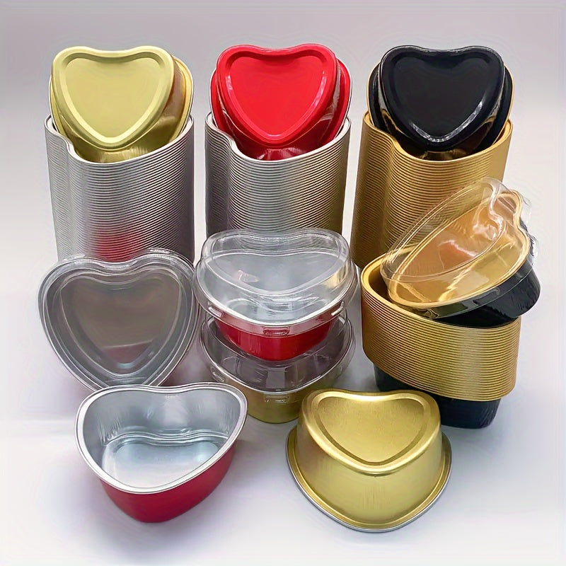 50 Heart-Shaped Aluminum Foil Cake Cups with Lids for Valentine's Day Weddings and Birthdays