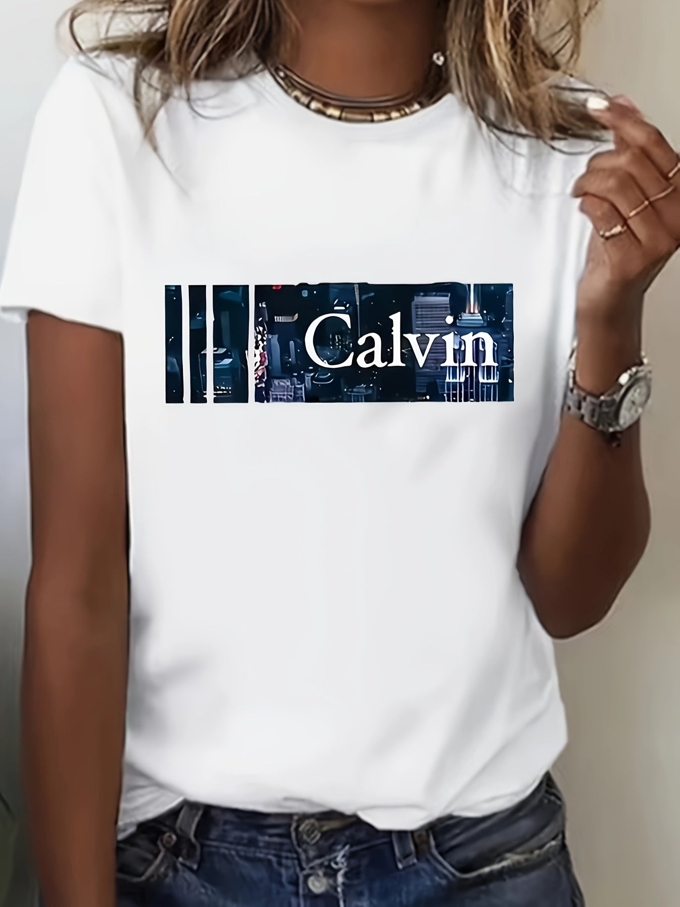 Plus Size Women's White Casual T-Shirt With Graphic Print