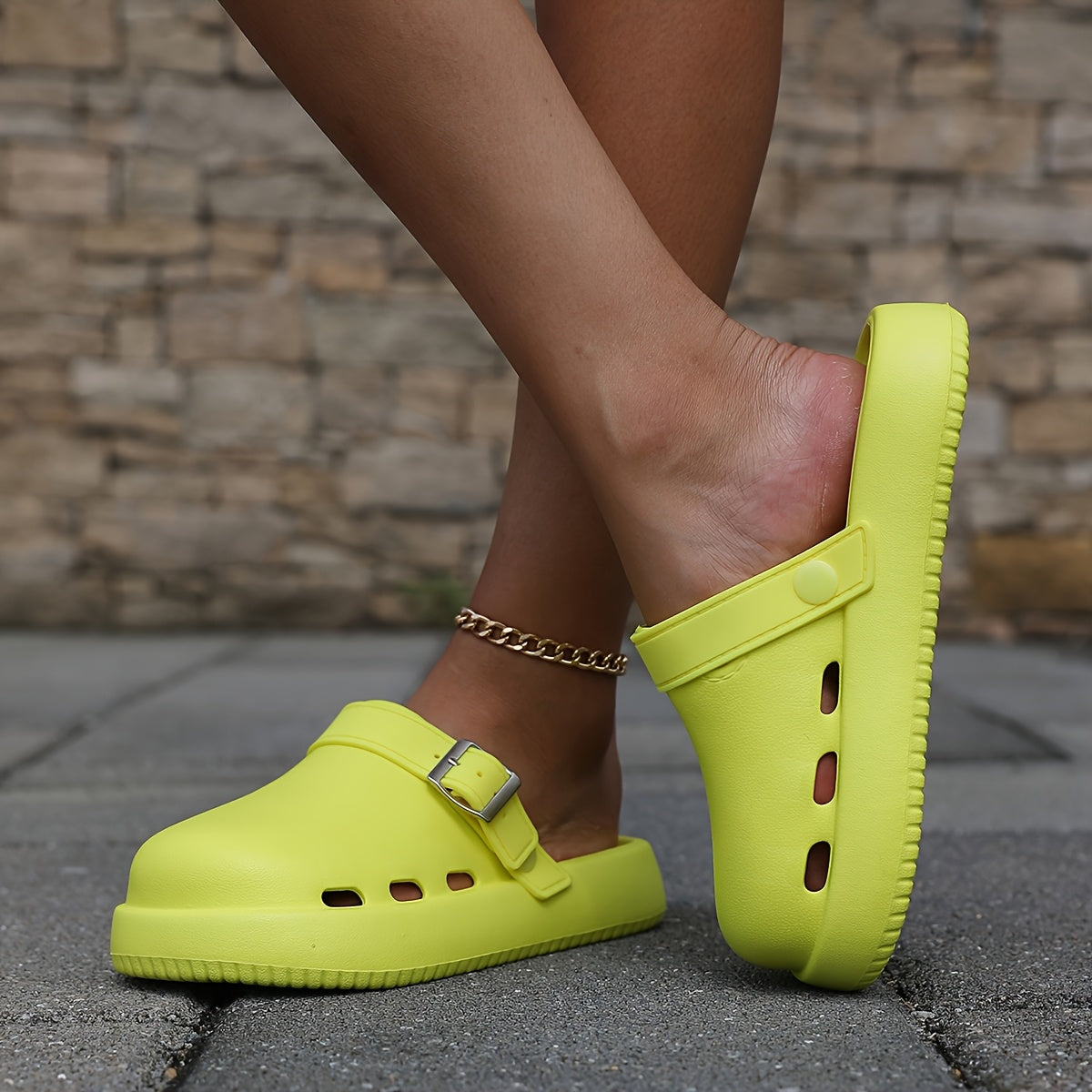 Women's Neon Green Slip-On Platform Sandals Open-Toe Casual Poolside