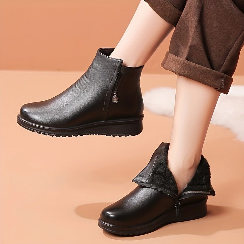 Women's Winter Ankle Boots Slip-Resistant Fleece-Lined Black Casual