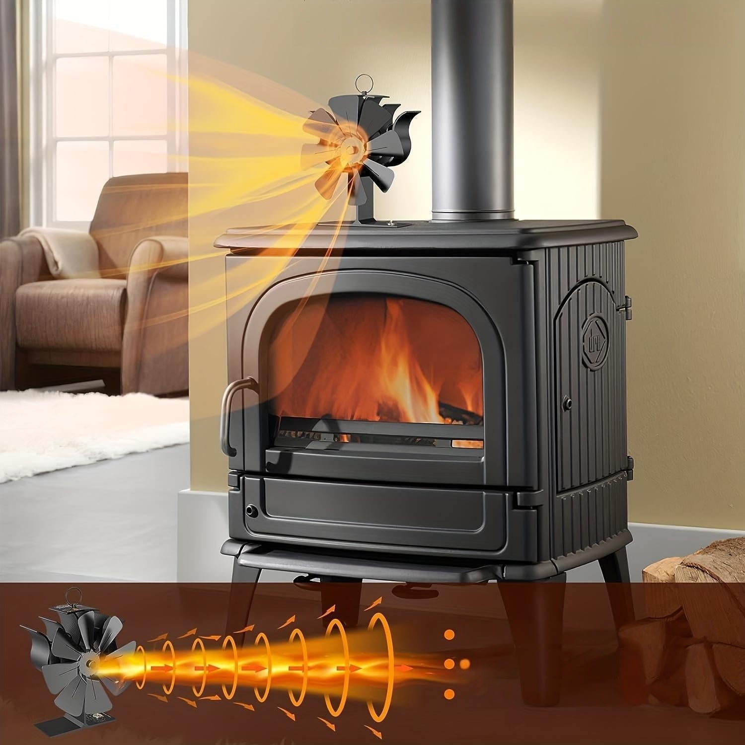 High-Efficiency 8-Blade Fireplace Fan with Built-In Thermometer Black for Wood Stoves