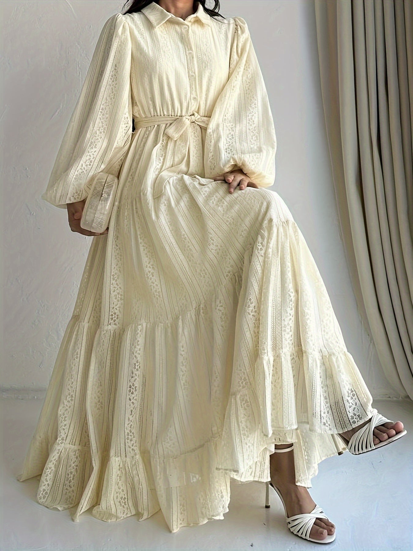 Women's Long Robe Dress with Lace Collar Solid Color Polyester Spandex All Seasons