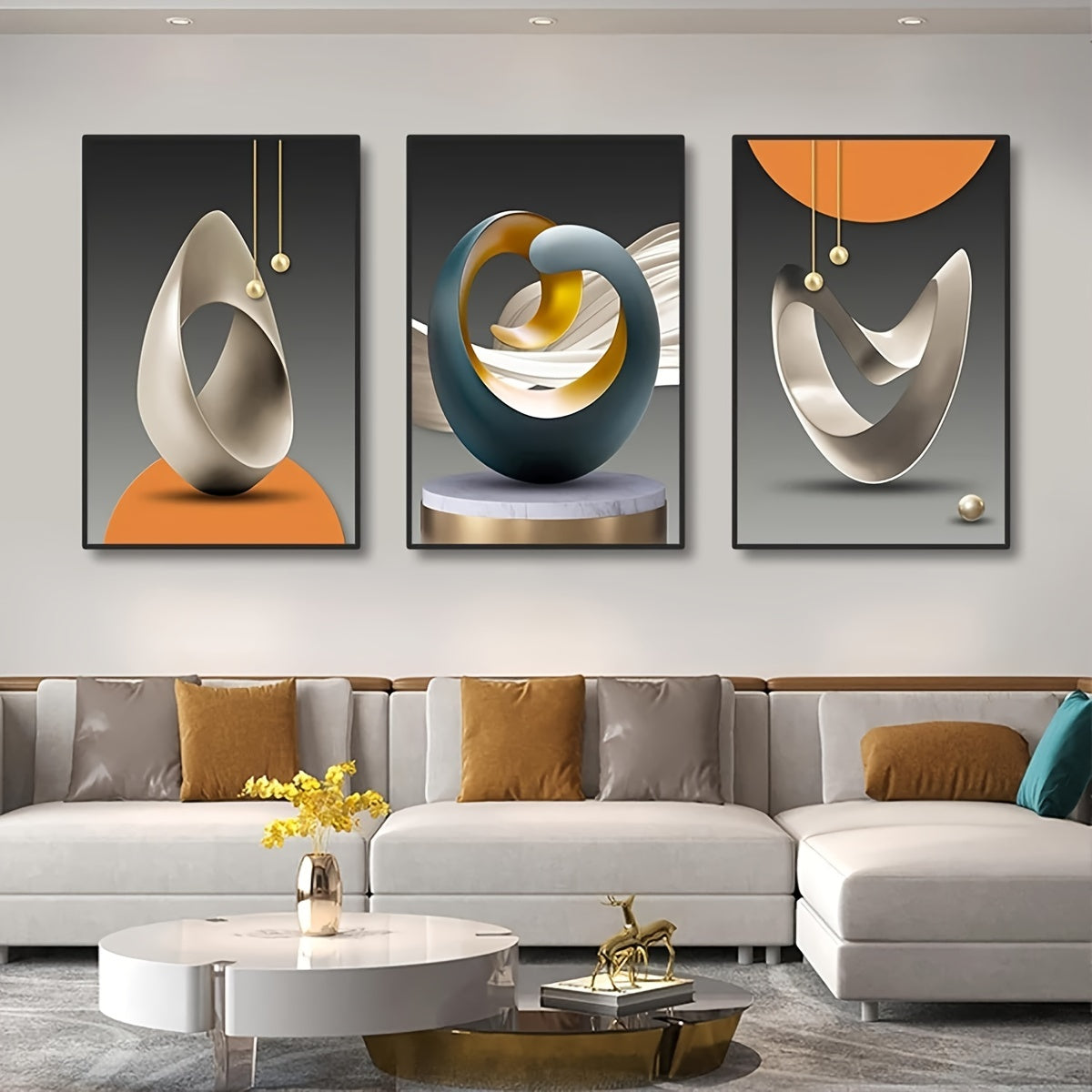 Set of 3 Modern Canvas Posters Abstract Geometric Wall Art No Frames