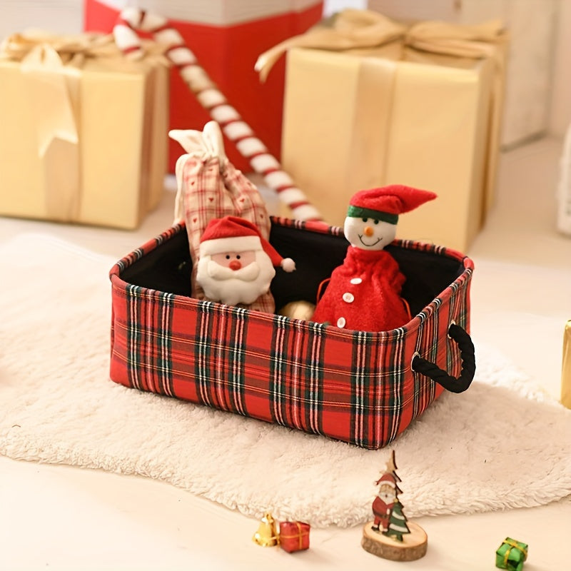 Festive Plaid Storage Basket with Handles for Holiday Decorations and Gifts