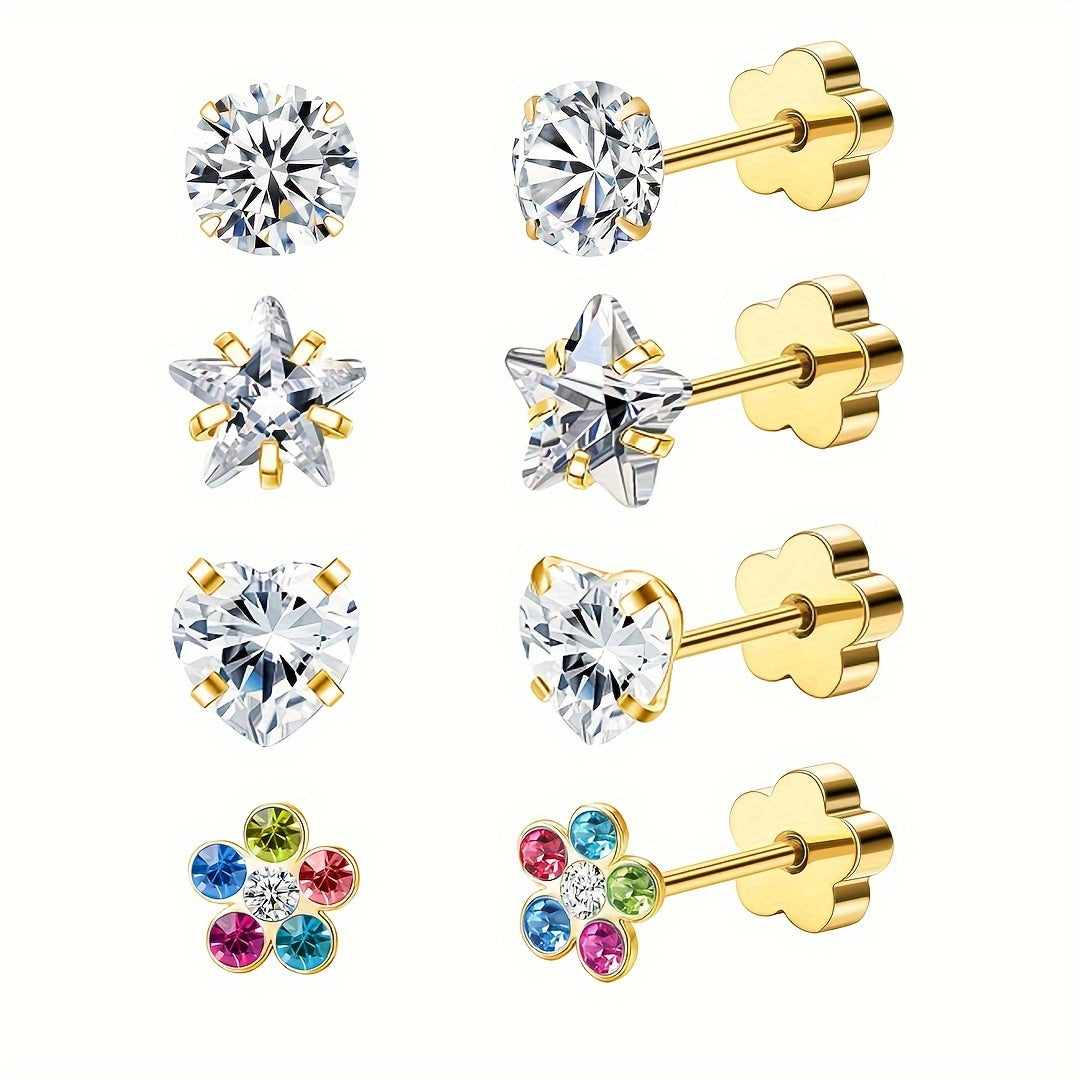 Hypoallergenic Flat Back Earrings for Women Men Girls Star Heart Protein Stone Silver Pink AB