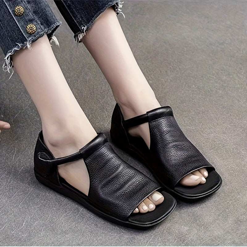 Women's Summer Open-Toe Sandals Breathable PU Low Heel Black Brown Green