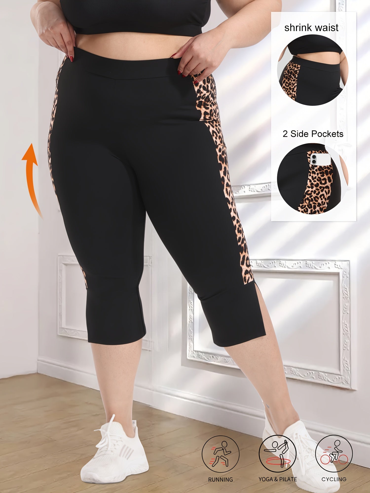 Women's Leopard Print High-Waist Capri Leggings with Pockets, Plus Size