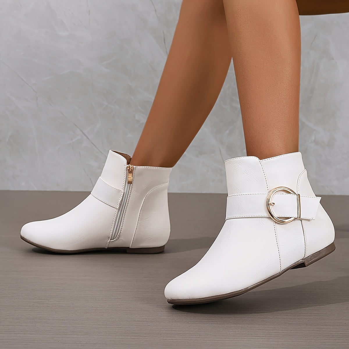 Women Leather Side Zipper Ankle Boots with Big Buckle