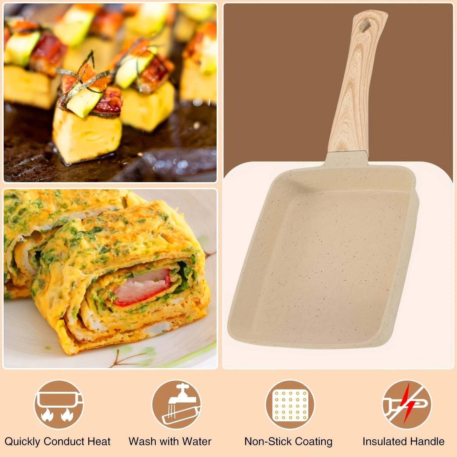 Non-Stick Aluminum Tamagoyaki Pan Set with Spatula and Oil Brush