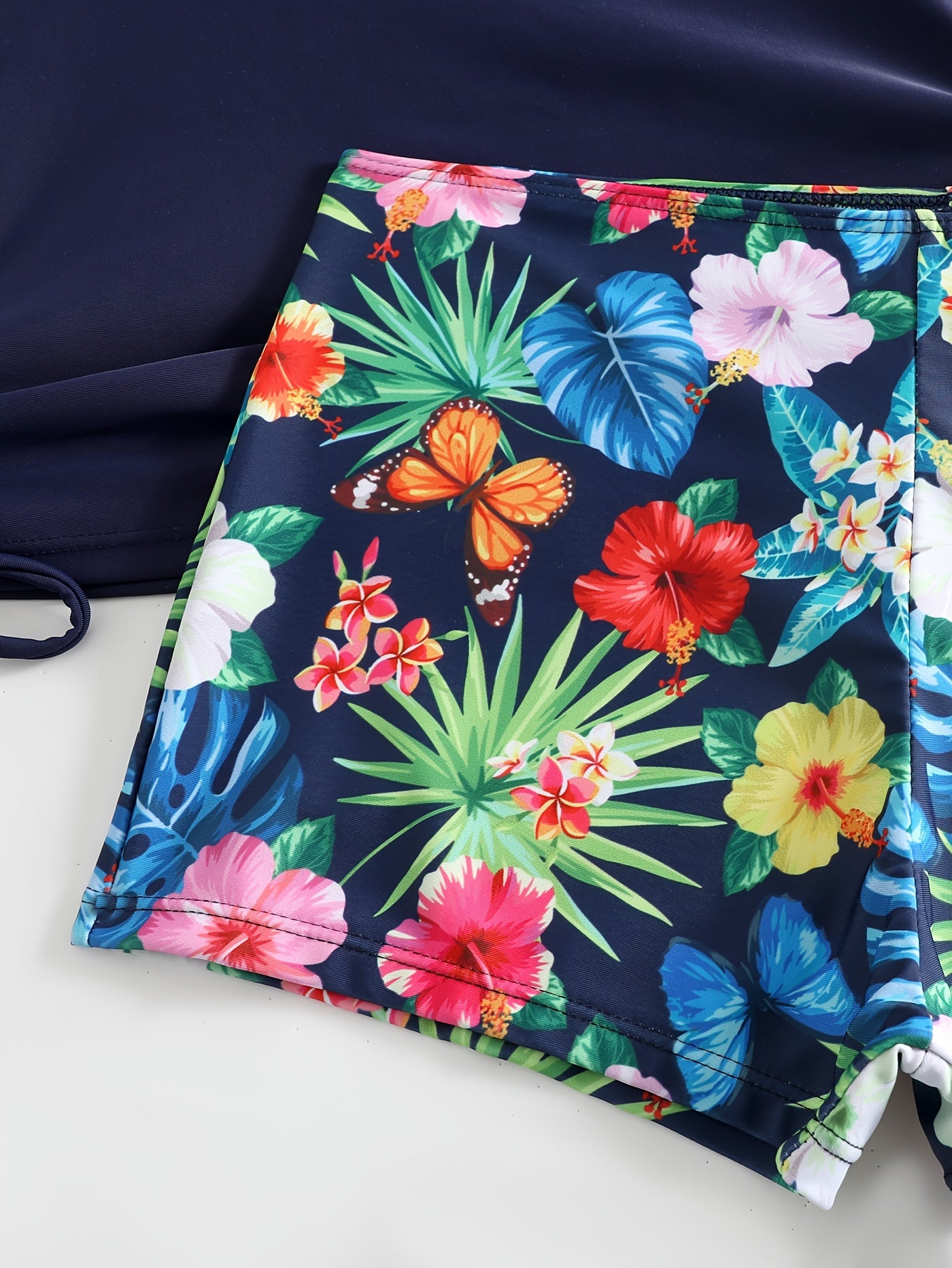 Women's Tropical Plant Print Tankini Set with Sun Protection Top and Boxer Shorts Swimsuit