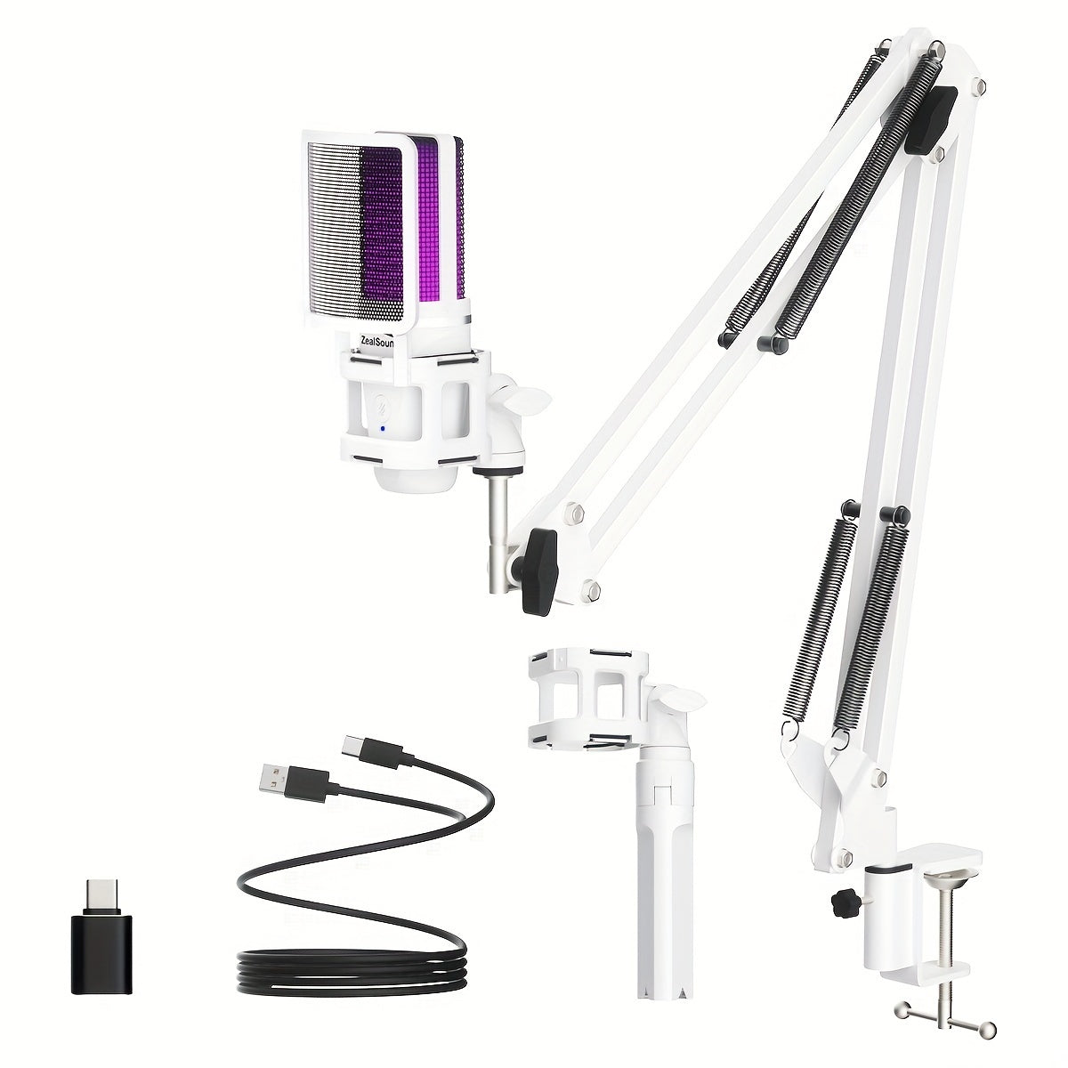 RGB USB Gaming Microphone with Tripod Stand Boom Arm and Rainbow Lighting