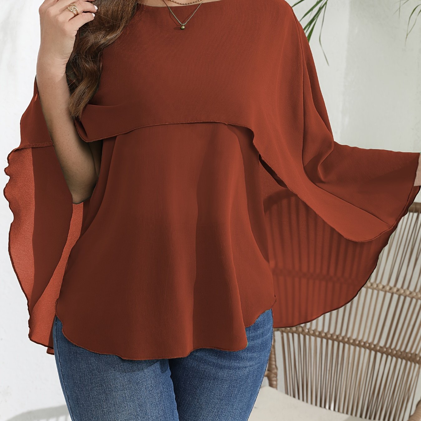 Plus Size Women's Polyester Crew Neck Blouse Solid Color Woven Shirt