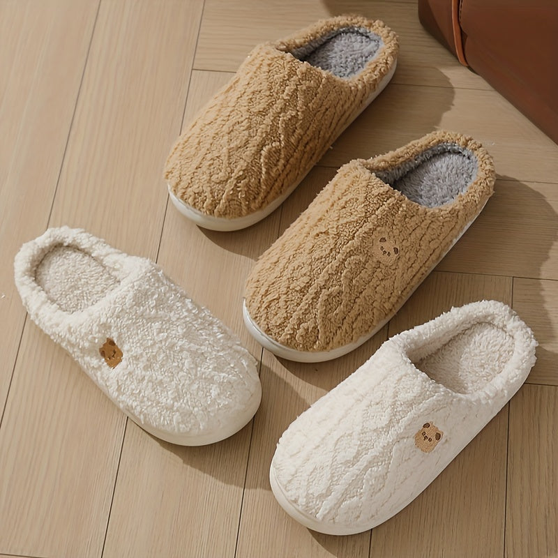 Winter Fleece-Lined House Slippers for Men and Women Solid Color TPR Sole