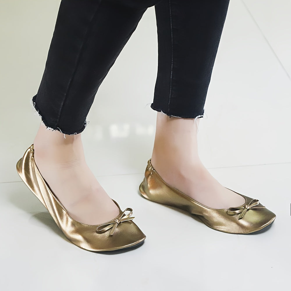 Women's Gold Ballet Flats with Sequin Bow Slip-On Dress Shoes