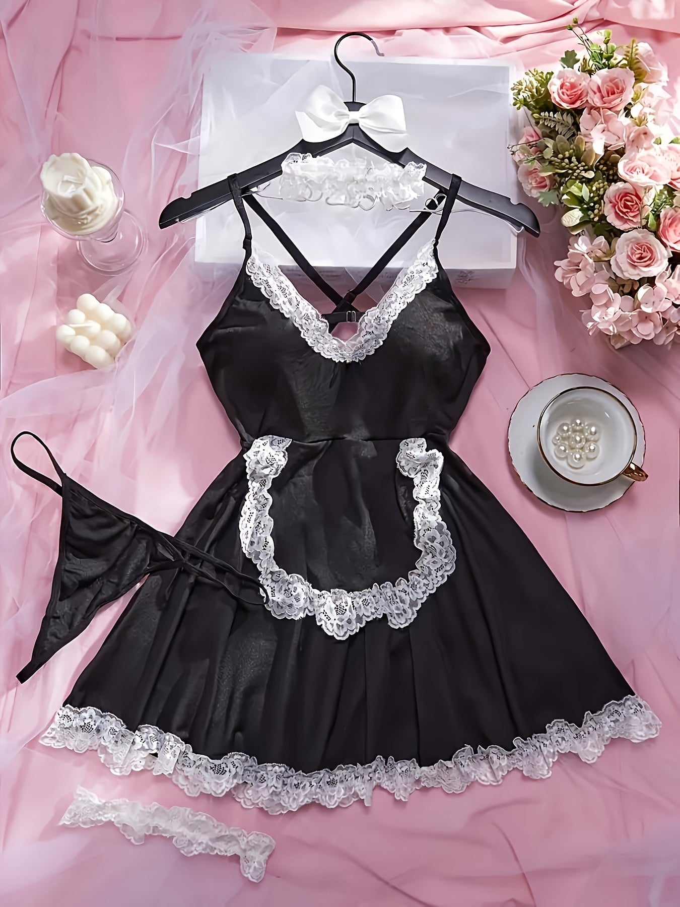 Seductive Four-Piece Lingerie Set with Maid Uniform, Leg Rings, Necklace, and Underwear