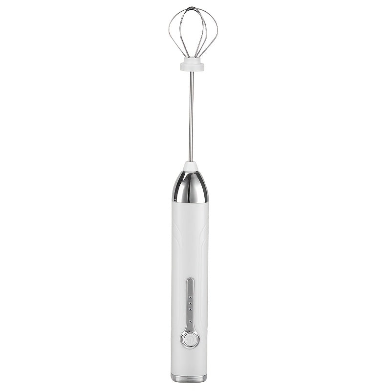 White Handheld Milk Frother with Stainless Steel Whisk and Interchangeable Heads