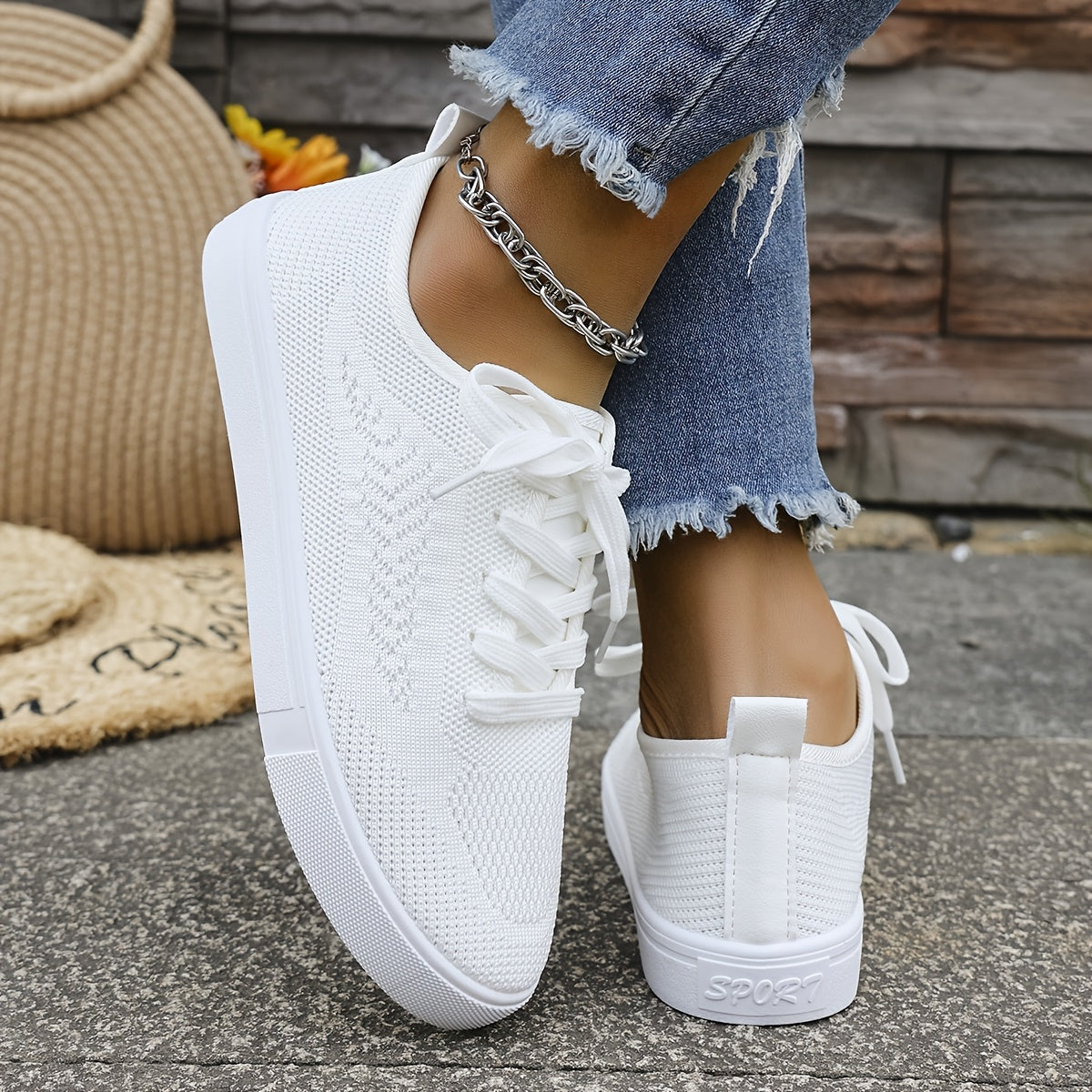 Women's Plus Size Knitted Mesh Sneakers Breathable White Low Top Shoes