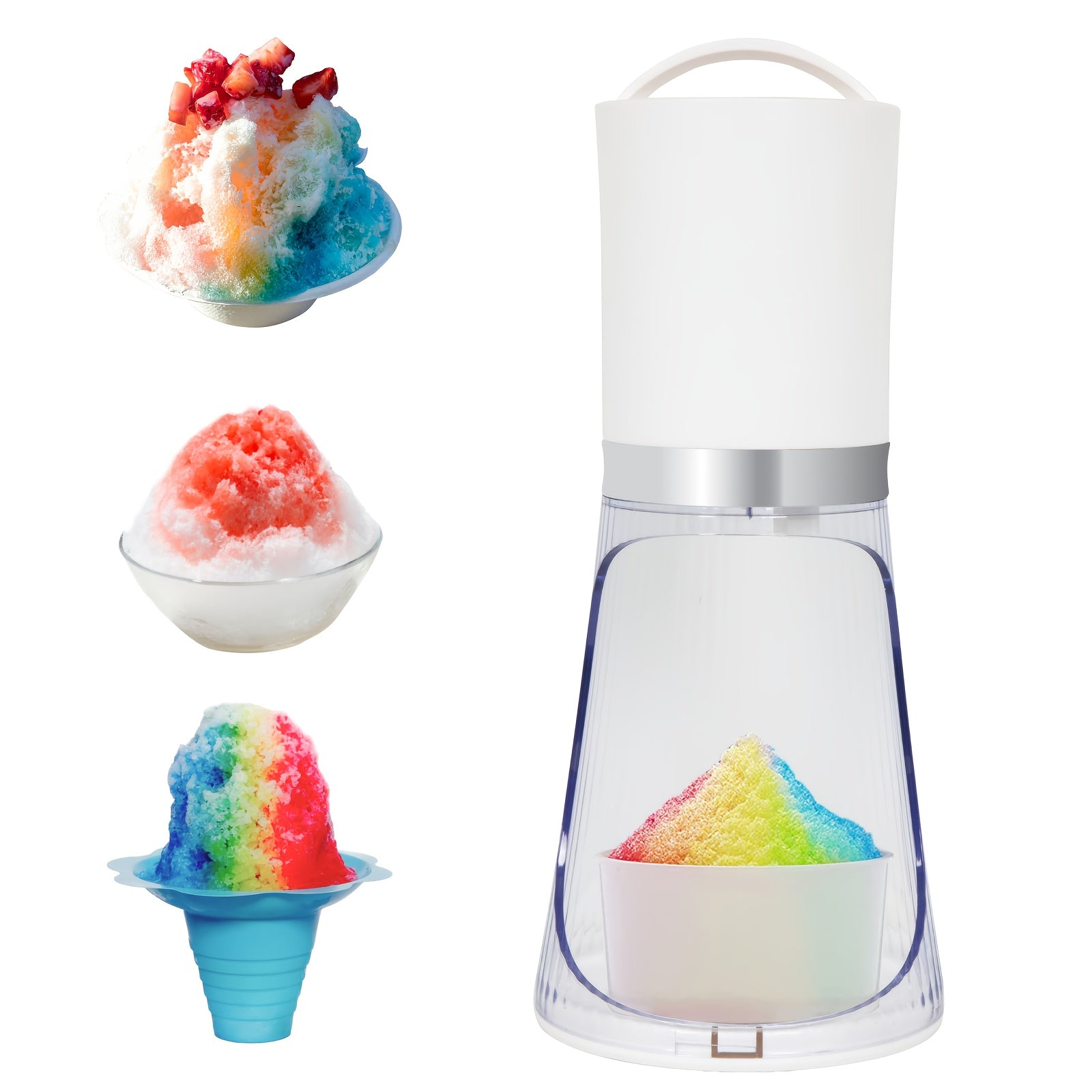Electric shaved ice machine with adjustable blade knob includes 2 reusable ice mold cups colorful ice shavings container sleek design Type C plug 220-240V for home
