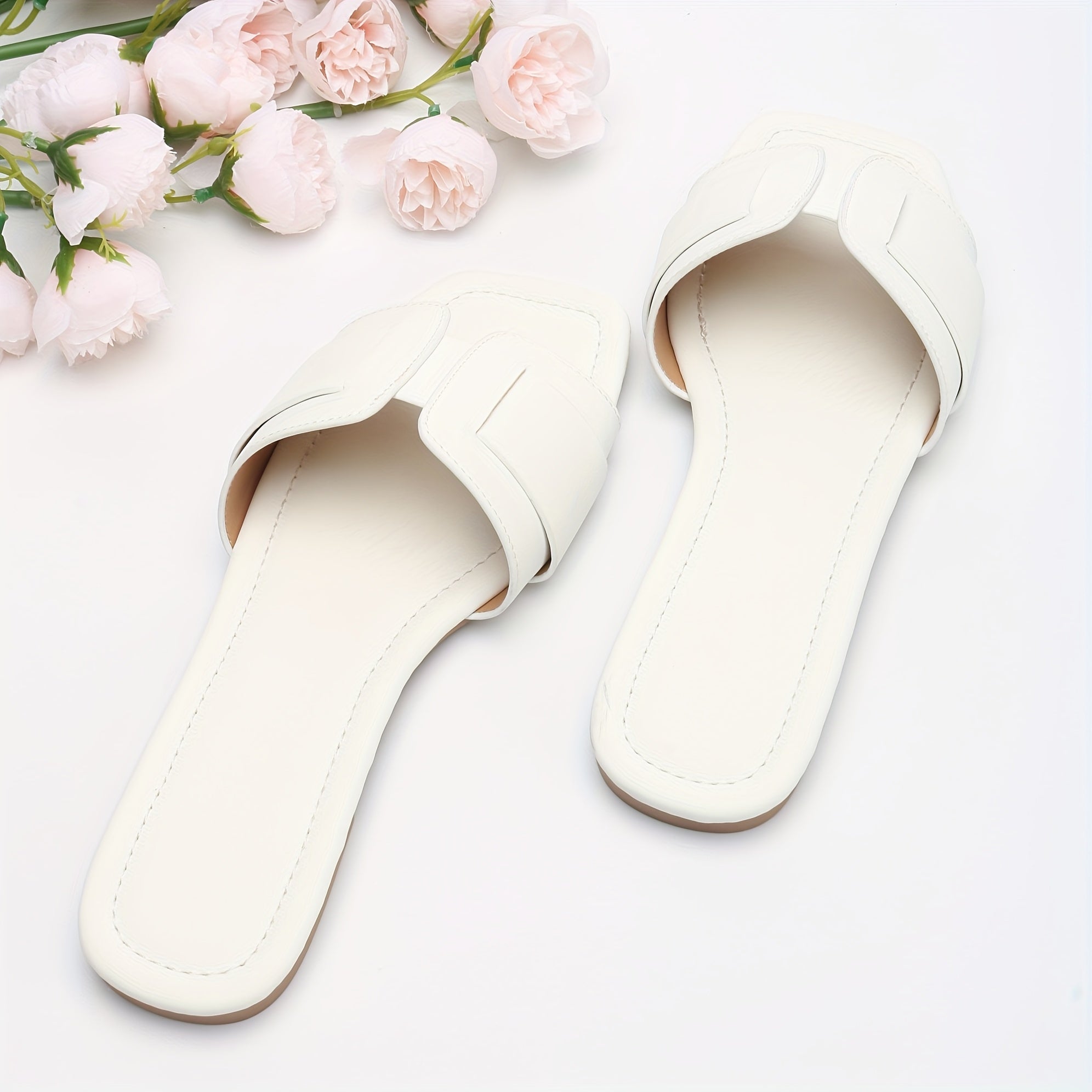 Women's Beige Flat Open Toe Sandals Slip-On Buckle Strappy Casual