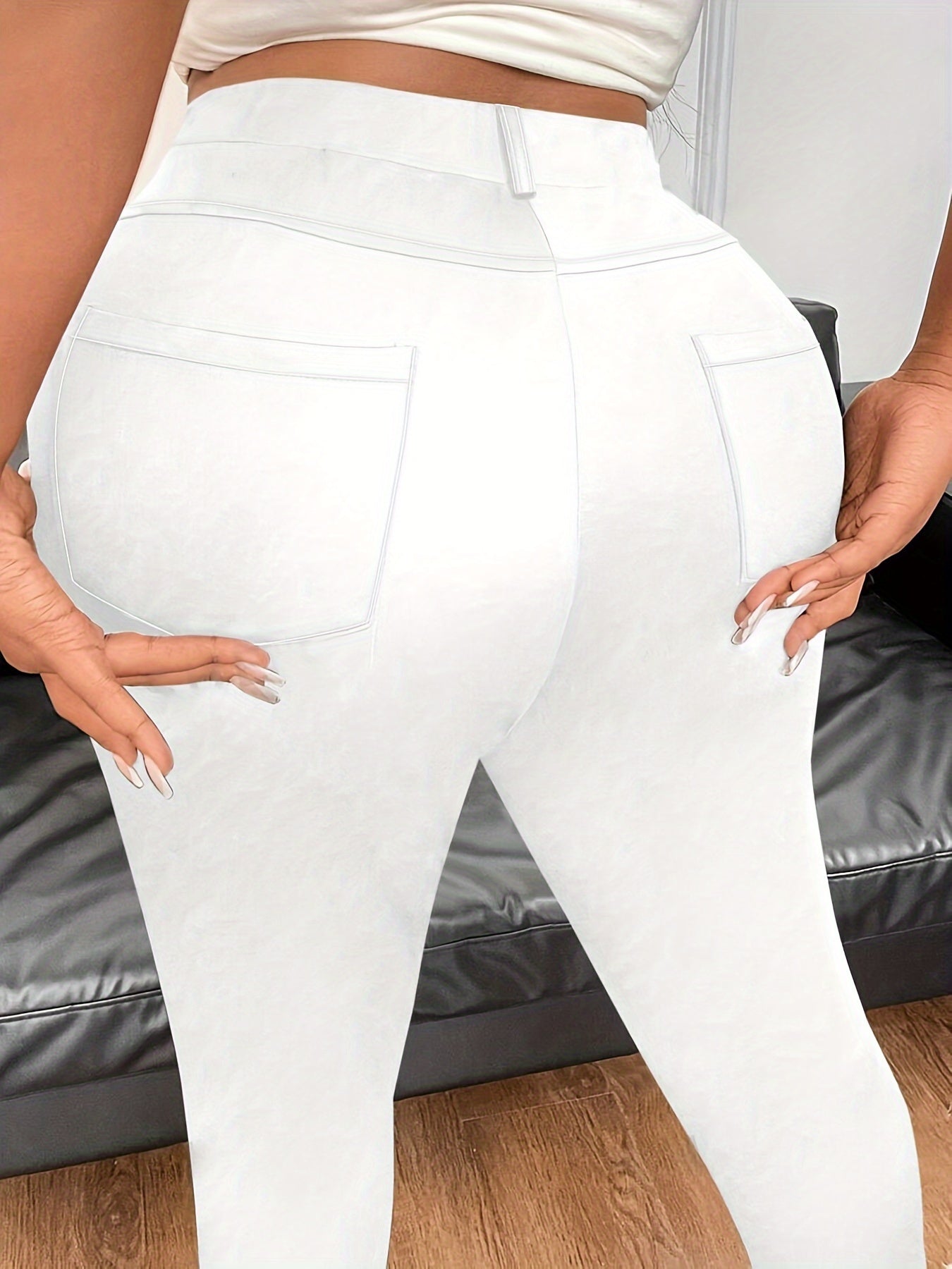 Pantalones ajustados de talla grande para mujer, de color sólido, de cintura alta, con bolsillos, aptos para lavadora