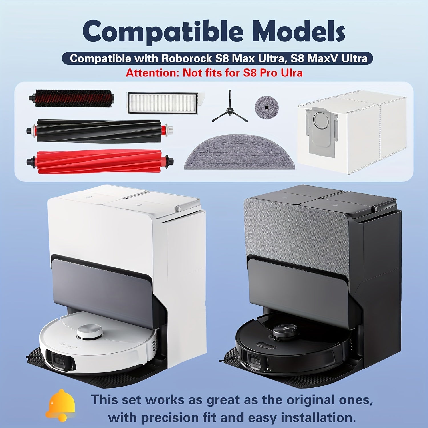 Roborock S8 Max/MaxV Ultra Robot Tozalash Vositalari To'plami, 24 dona to'plamga asosiy cho'tka, aylanuvchi cho'tka, 2 ta HEPA filtri, 4 ta yon cho'tka, 4 ta mopa mato, chet mop mato, 6 ta chang sumkasi kiradi -