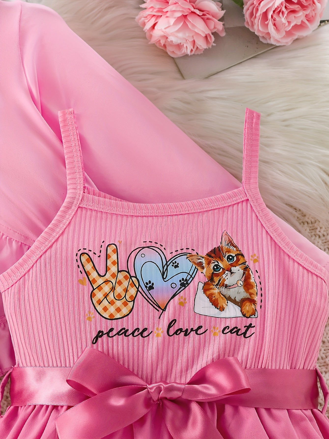 Girls' 2-Piece Dress Set with Frilled Cardigan and Cat Print Cami for Spring Fall Outdoor Activities