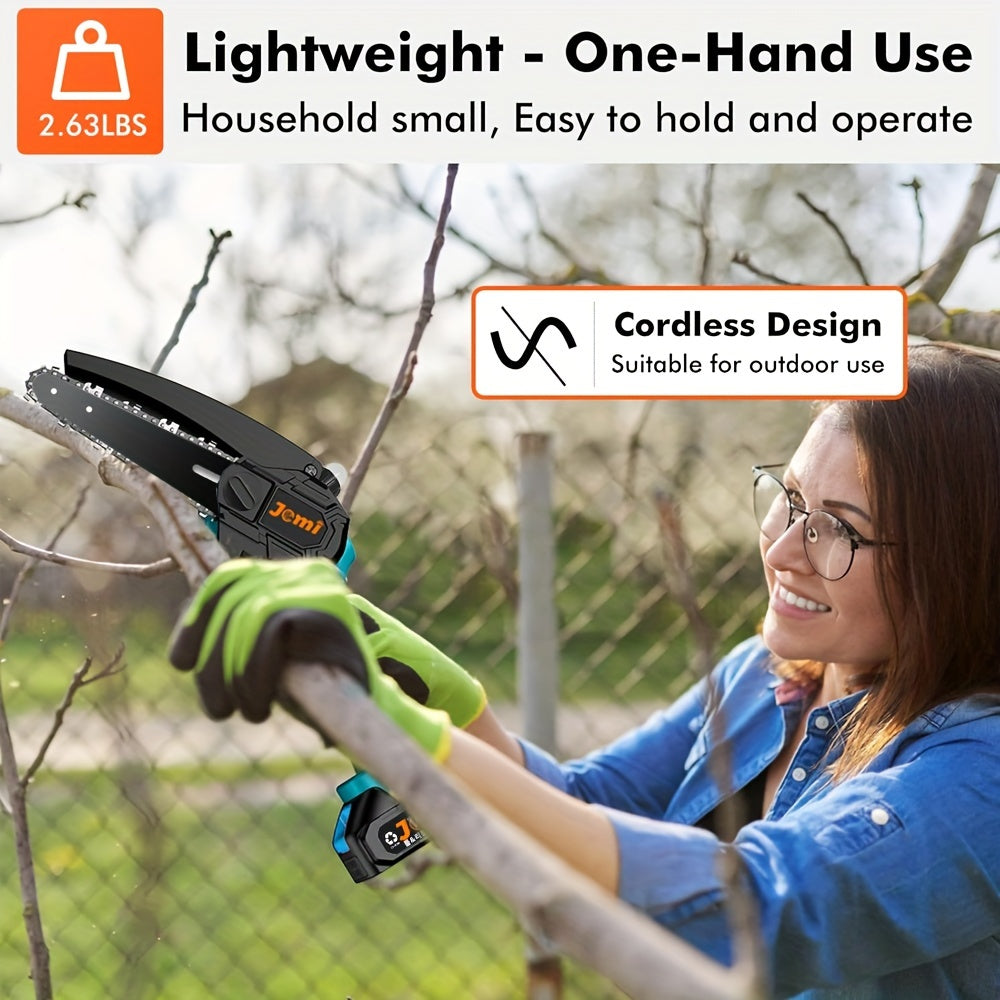 Mini motosierra inalámbrica de 6 pulgadas con 2 baterías, bloqueo de seguridad, ligera para cortar madera