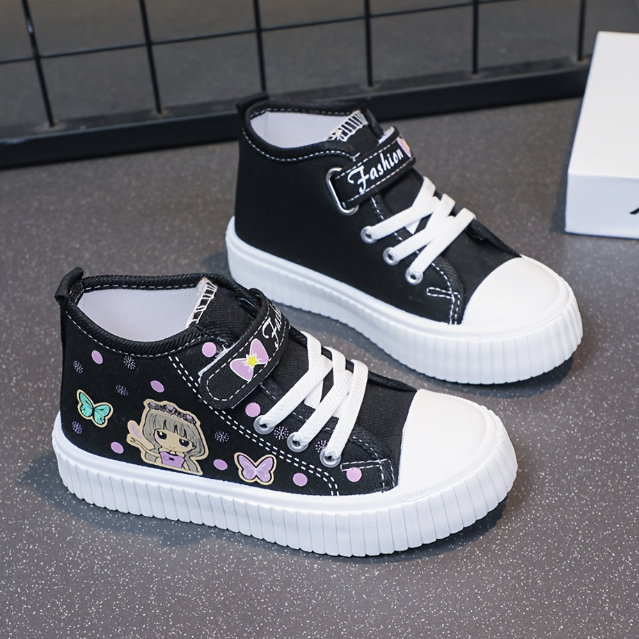 Girls' Canvas High-Top Sneakers with Cartoon Pattern, Breathable, Durable Sole