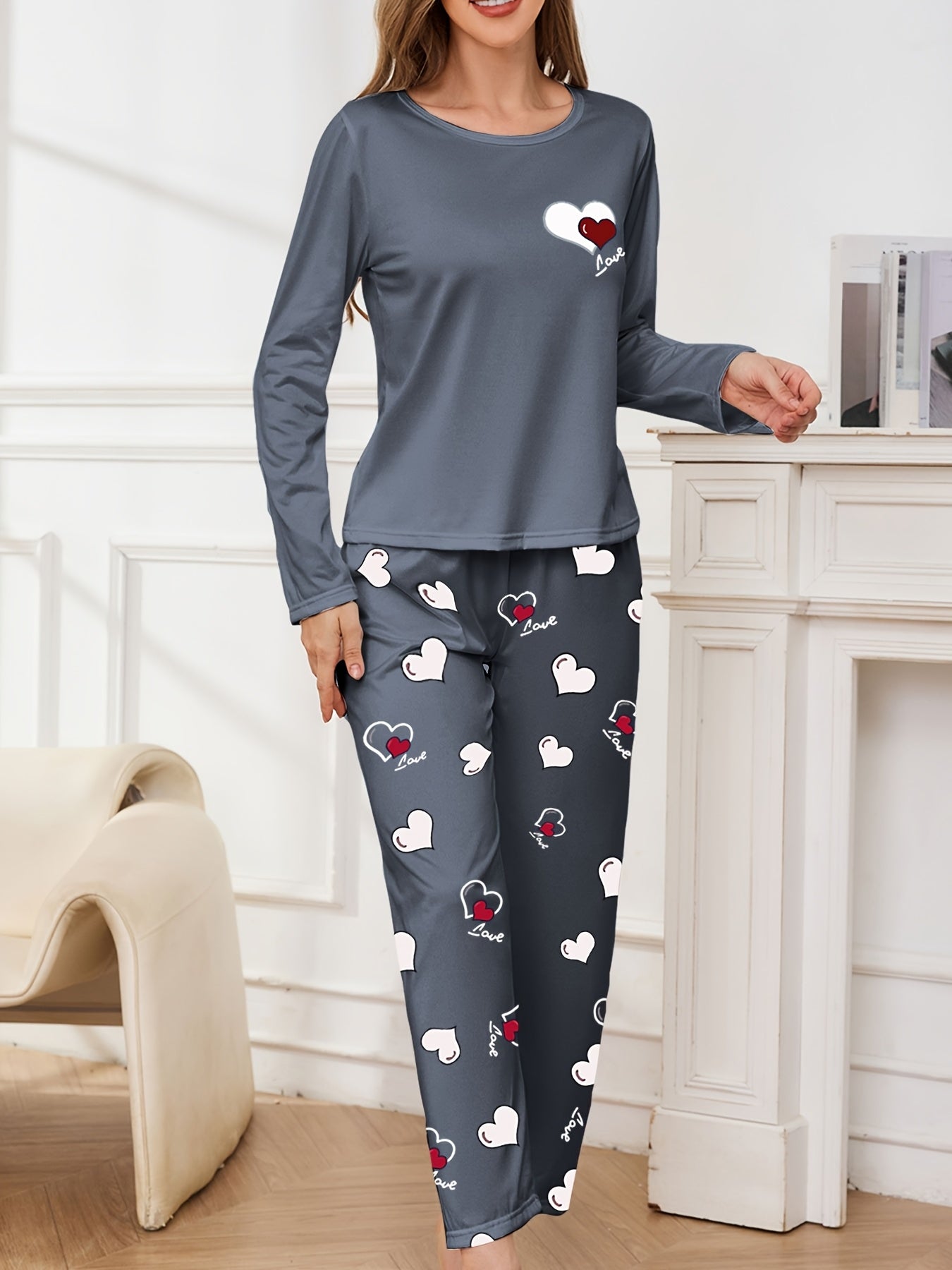 Women's Pajama Set Long Sleeve Heart Print Fall Winter Polyester Lounge Sleepwear