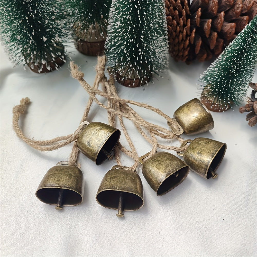 Set of 6 Cast Iron Cowbells with Rope for Decorations and Pet Accessories