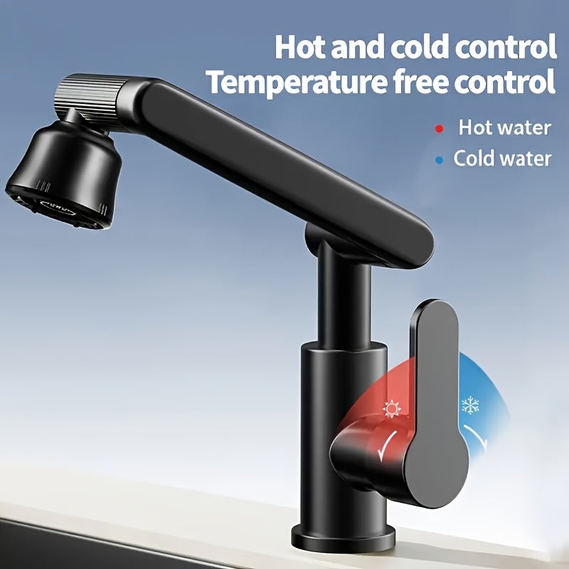 Black Bathroom Faucet with Hot and Cold Water, Four Spout Modes, Mechanical Arm