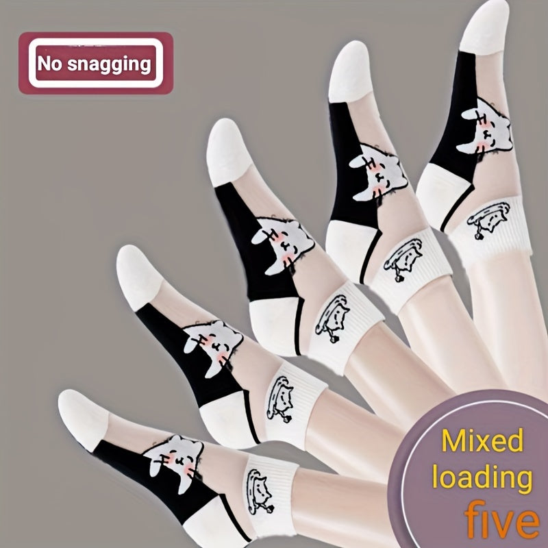 5 пар женских носок с рисунком кота из сетки, изготовленных на 97% из полиэстера и 3% из спандекса, дышащие и впитывающие пот, с антибактериальными свойствами. Носки - летние короткие носки черного цвета и